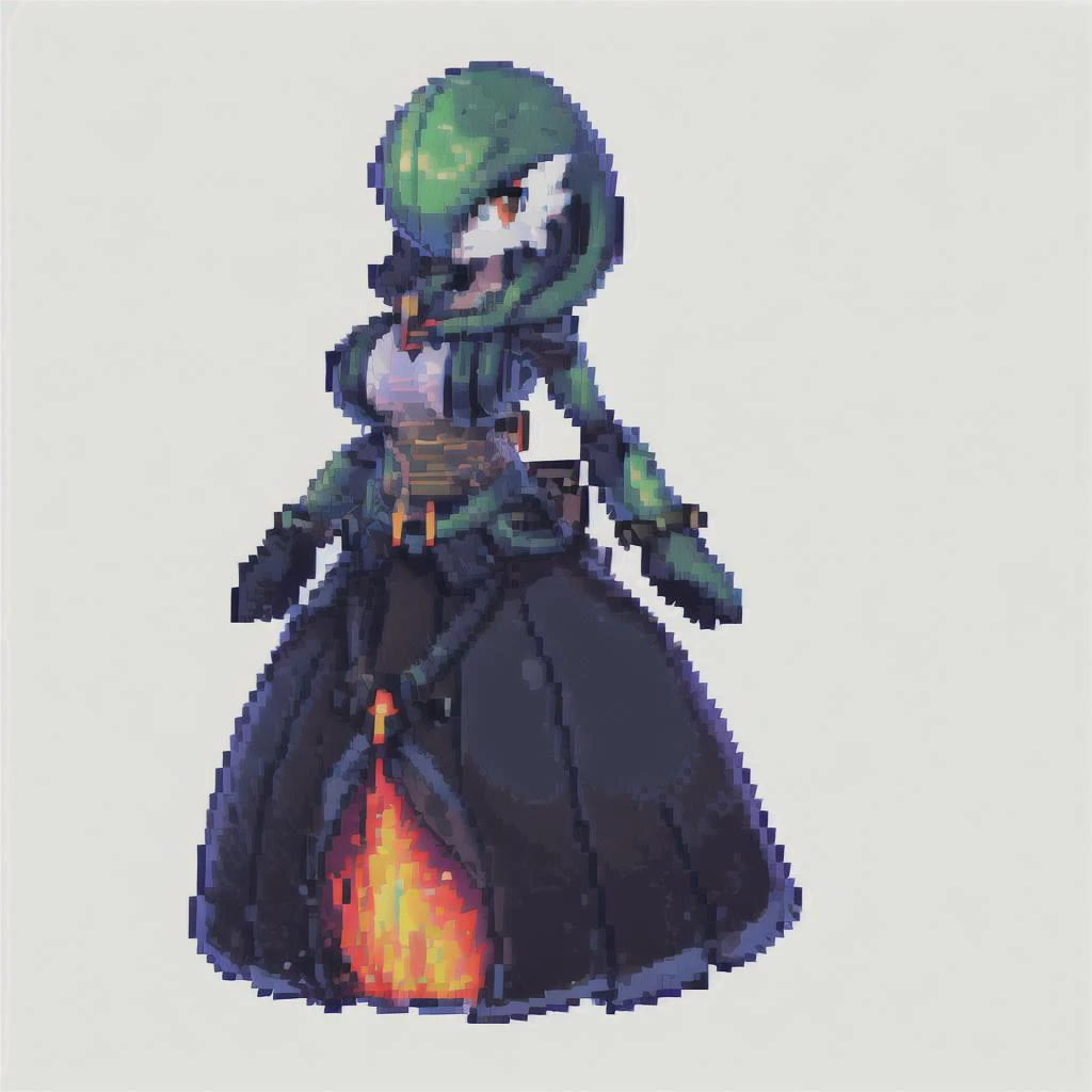(white background:1.5), (masterpiece, top quality, best quality, high resolution), (front view:1.3), <lora:pixel sprites:0.7>, pixel sprites, pixel art, full body, standing, <lora:gardevoir_v2:1>, gardevoir, pokemon (creature), female, big boobs, <lora:revanarmor:1.1>, armor, costume, hood, revan, dark aura