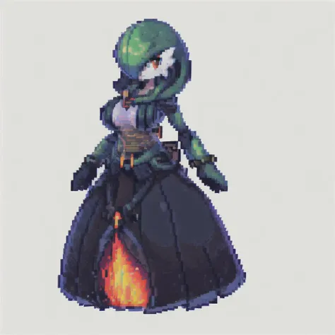 (white background:1.5), (masterpiece, top quality, best quality, high resolution), (front view:1.3), <lora:pixel sprites:0.7>, pixel sprites, pixel art, full body,  standing, <lora:gardevoir_v2:1>, gardevoir, pokemon (creature), female, big boobs,  <lora:revanarmor:1.1>, armor, costume, hood, revan, dark aura