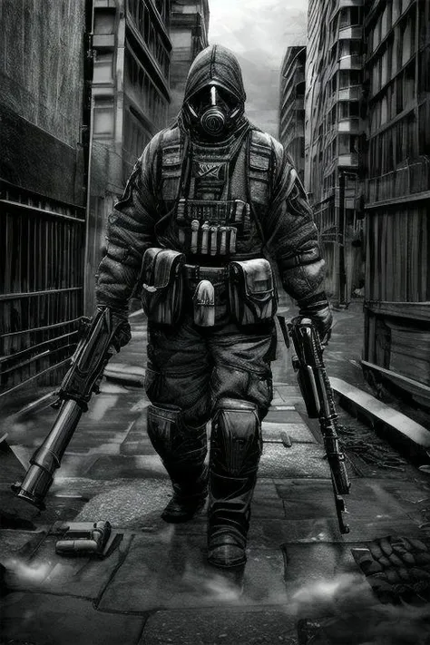 (masterpiece:1.2, best quality), (intricate details), (realistic:1.2), 1monster, Man-construction, assembled from different body parts, not symmetrical, stalker, vindictive, respirator, protective lenses, long manipulators, tubes, poisonous fumes, two built-in guns, atmosphere of horror, six eyes,