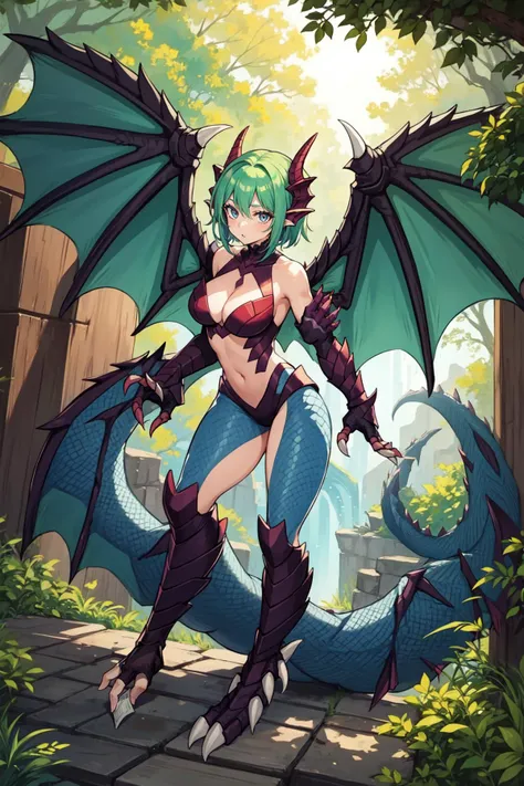 1girl, dragon girl, scales, talons, dragon wings, full body, outdoors <lora:AIOMonstergirlsV4Lora:1>