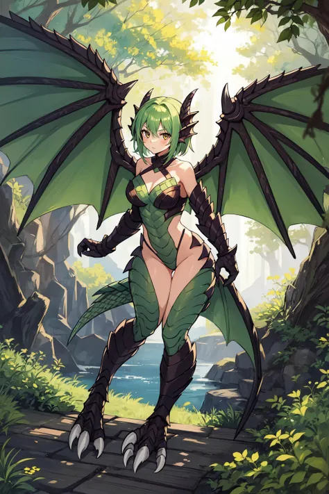 1girl, dragon girl, scales, talons, dragon wings, full body, outdoors