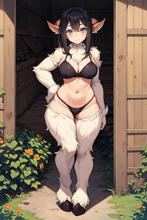 1girl, satyr, body fur, standing, smile, wide hips, hooves, full body, barn <lora:AIOMonstergirlsV4Lora:1>