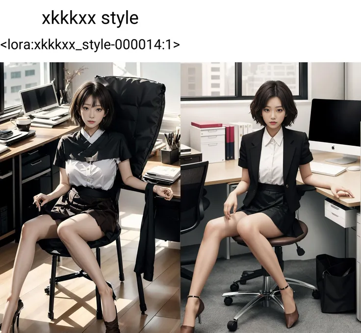 blip2_t5 This person is asian. close body, The person is skinny. The person has large breasts. The person is beautiful with short messy hair. The outfit is black skirt sitting on a chair in the office with legs crossed. The colors in the picture are brown and white. xkkkxx style <lora:xkkkxx_style_v1:1>