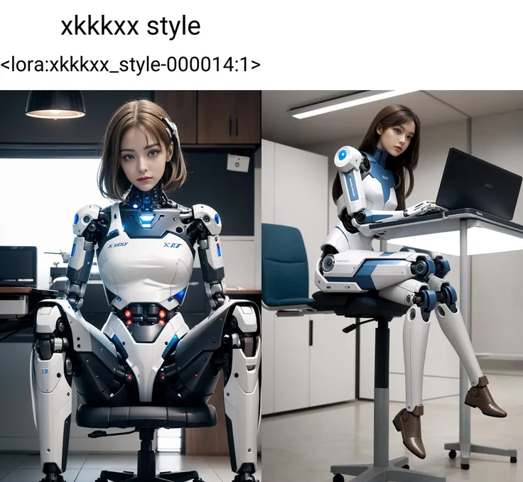 blip2_t5 The person is beautiful cyborg. Spread legs sitting on a desk with robot legs. The colors in the picture are brown and white. xkkkxx style <lora:xkkkxx_style-000014:1>