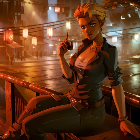 cyberpunk edgerunners, <lora:cyberpunk_edgerunners_offset:0.3> CyberAlex, blue eyes, early forties, sitting in her bar, wearing casual alter top and ripped jeans, (relaxed:1.1), holding a shotglass in her hands, , a beer on the bar, best quality, best face, best hands, best body, high-res, intricate details, extremely detailed, global illumination, volumetric lighting, Night City Dog Town backdrop <lora:CyberAlex:0.8> Cyberpunk 2077 Phantom Liberty