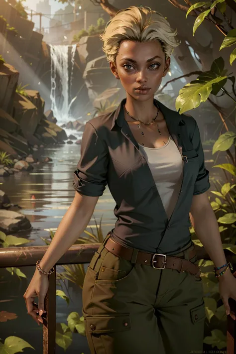 ( masterpiece, best quality, highres:1.3)
CyberAlex, 1girl, short hair, dark-skinned female, in lush jungle with flowers
<lora:CyberAlex:0.8>