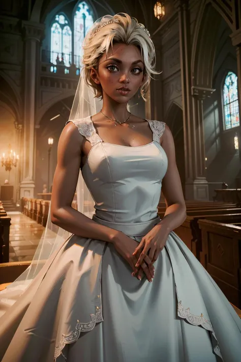 1 girl in a white wedding dress, beautiful detailed eyes, beautiful detailed lips, extremely detailed face and features, long eyelashes, elegant pose, standing at an altar, sunlight streaming through stained glass windows, ornate church interior, dramatic lighting, cinematic, highly detailed, photorealistic, 8k, best quality, masterpiece