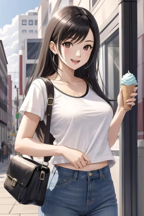 <lora:tifa-10:0.7>, tifa ff7, 1girl, solo, looking at viewer, city setting, t-shirt, white shirt, jeans, medium breasts, taut shirt, holding ice cream, :d, upper body, handbag