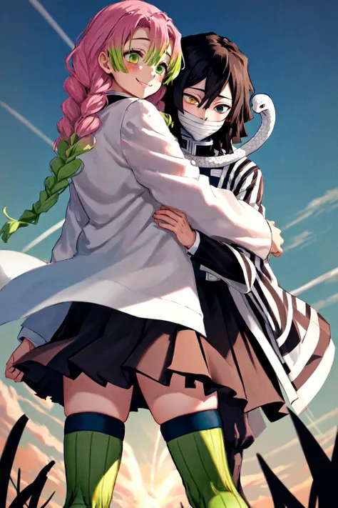 masterpiece, best quality, highres,
1girl mitsuri, pleated skirt demon slayer uniform white haori long sleeves thighhighs,
1boy obanai, demon slayer uniform vertical stripes jacket black pants, mask, white snake
<lora:obanai_mitsuri_2:1>
hug from behind, smile