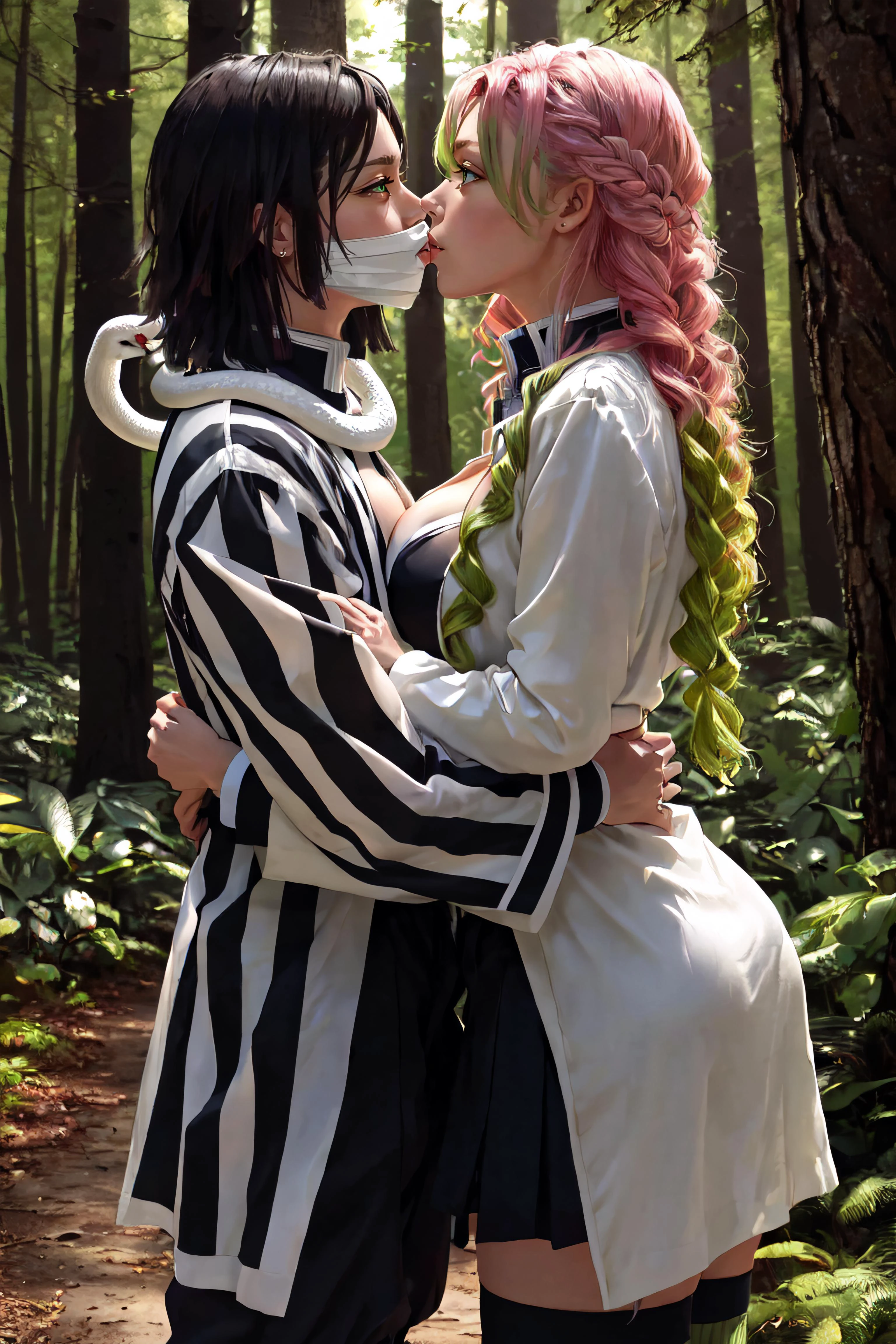 (masterpiece, best quality, ultra detailed, absurdres:1.5), 1girl, 1boy, 1 girl mitsuri, 1 boy obanai, (sexy, beautiful woman, perfect face, perfect eyes, perfect female body:1.5), (back-to-back, holding katana, pleated skirt demon slayer uniform white haori long sleeves thighhighs, cleavage, demon slayer uniform vertical stripes jacket black pants, mask, white snake, <lora:obanai_mitsuri_2:1>), (standing, kiss, hug, ass grab, outdoors, forest), perfect lighting, smooth, hdr