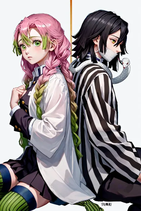 masterpiece, best quality, highres,
1girl mitsuri, pleated skirt demon slayer uniform white haori long sleeves thighhighs,
1boy obanai, demon slayer uniform vertical stripes jacket black pants, mask, white snake
<lora:obanai_mitsuri_2:1>
sitting, back-to-back