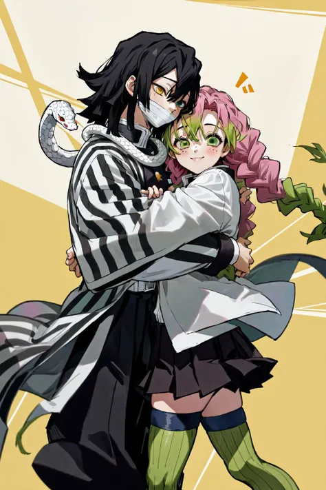 masterpiece, best quality, highres,
1girl mitsuri, pleated skirt demon slayer uniform white haori long sleeves thighhighs,
1boy obanai, demon slayer uniform vertical stripes jacket black pants, mask, white snake
<lora:obanai_mitsuri_2:1>
hug, smile