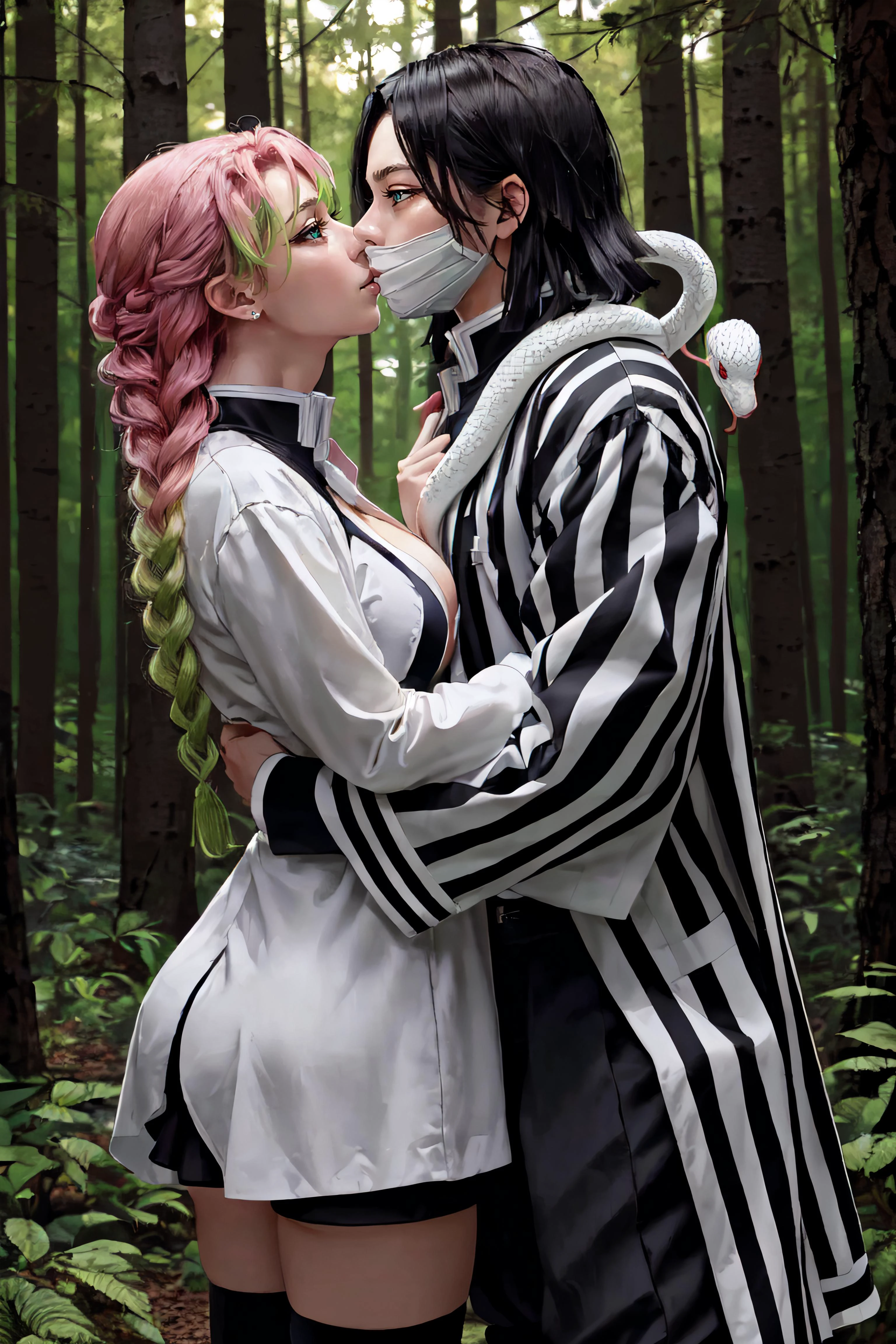(masterpiece, best quality, ultra detailed, absurdres:1.5), 1girl, 1boy, 1 girl mitsuri, 1 boy obanai, (sexy, beautiful woman, perfect face, perfect eyes, perfect female body:1.5), (back-to-back, holding katana, pleated skirt demon slayer uniform white haori long sleeves thighhighs, cleavage, demon slayer uniform vertical stripes jacket black pants, mask, white snake, <lora:obanai_mitsuri_2:1>), (standing, kiss, hug, ass grab, outdoors, forest), perfect lighting, smooth, hdr