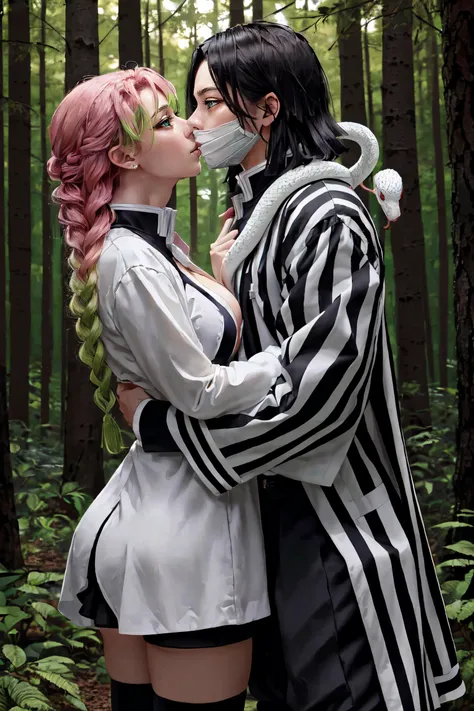 (masterpiece, best quality, ultra detailed, absurdres:1.5), 1girl, 1boy, 1 girl mitsuri, 1 boy obanai, (sexy, beautiful woman, perfect face, perfect eyes, perfect female body:1.5), (back-to-back, holding katana, pleated skirt demon slayer uniform white haori long sleeves thighhighs, cleavage, demon slayer uniform vertical stripes jacket black pants, mask, white snake, <lora:obanai_mitsuri_2:1>), (standing, kiss, hug, ass grab, outdoors, forest), perfect lighting, smooth, hdr