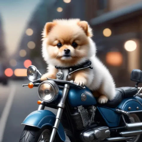 Pomeranian, dog on a motorcycle, <lora:sdxl_lora:1>, highres, masterpiece, 8k, 4k, (realistic photo), (photorealistic), bokeh, <lora:wowifierXL:0.5>