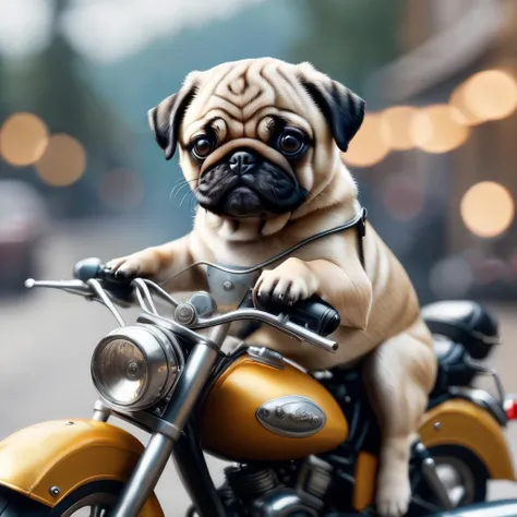 Pug, dog on a motorcycle, <lora:sdxl_lora:1>, highres, masterpiece, 8k, 4k, (realistic photo), (photorealistic), bokeh, <lora:wowifierXL:0.5>