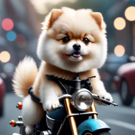 Pomeranian, dog on a motorcycle, <lora:sdxl_lora:1>, highres, masterpiece, 8k, 4k, (realistic photo), (photorealistic), bokeh, <lora:wowifierXL:0.5>