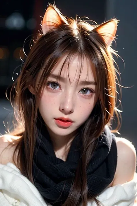 Cat girl:1.5, Face behind wooly scarf, Petite cat Woman in snow, NSFW, crying with tears on face, long white hairs:1.5, Freckles, topless, only blushed flirting eyes visible very Detailed, awesome Quality, reflecting, luminescent, translucent, Ethereal, Aura, 80s DARK dystopian Blade Runner Flair, very detailed, uhd, masterpiece, White smoke, snowing, light beams through smoke,<lora:TWbabe8:0.4> <lora:TWcat:0.4>, full body,