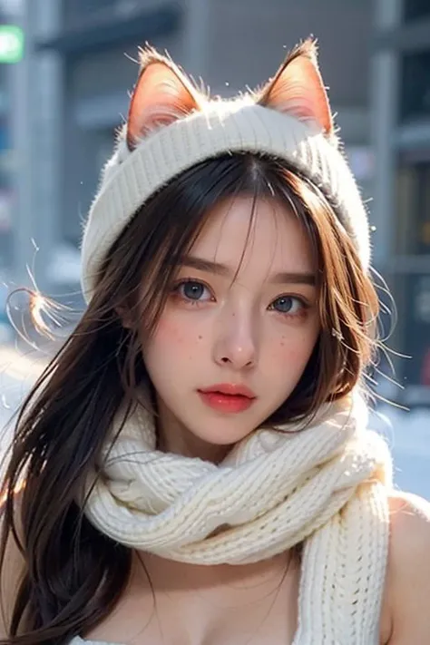 Cat girl:1.5, Face behind wooly scarf, Petite Woman in snow, long white hairs, Freckles, topless, face Closeup, face Hidden behind Pastell neon Striped wooly scarf, only blushed flirting eyes visible very Detailed, awesome Quality, reflecting, luminescent, translucent, Ethereal, Aura, 80s DARK dystopian Blade Runner Flair, very detailed, uhd, masterpiece, White smoke, snowing, light beams through smoke,<lora:TWbabe8:0.4> <lora:TWcat:0.4>