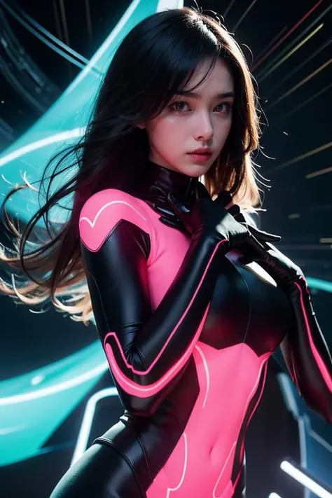 neon dress, neon_outlines, 1girl, (wind:1.3), full body, long hair, A futuristic woman, her silhouette defined by vibrant neon lines, stands amidst a swirling storm. Her eyes, filled with intense emotion, gaze towards a distant horizon. The scene captures a poignant moment of farewell, framed in a cinematic style. The atmosphere is charged with the electric buzz of the future, yet tinged with the melancholy of memories fading into the past., glove,
<lora:twbabe10:0.8>