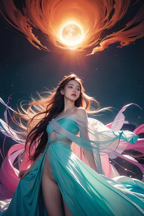 bailing_darkness, ver her shoulders, standing in the midst of a kaleidoscopic landscape. The ground pulses with the life of a myriad of colors as wisps of pastel-hued smoke rise and intertwine with the flora and fauna. Mountains in the backdrop are painted with strokes of surreal hues, their peaks touching the skies of a planet kissed by dual suns. The woman's gown flows in a spectrum of colors, each fold of the fabric blending seamlessly with the chromatic smoke that embraces her, creating an ethereal dance of light and color. This digital art tableau is a celebration of fantasy and color, where every element of the scene is a brushstroke in this otherworldly masterpiece., NSFW, by james jean,roby dwi antono,ross tran,francis bacon,michal mraz,adrian ghenie,petra cortright,gerhard richter,takato yamamoto,ashley wood, <lora:TWbabe3:0.4>