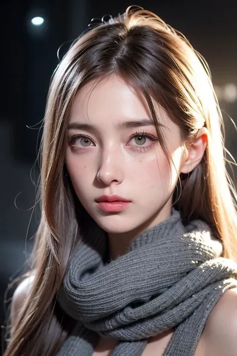 girl:1.5, Face behind wooly scarf, Petite cat Woman in snow, long white hairs:1.5, only blushed flirting eyes visible very Detailed, awesome Quality, reflecting, luminescent, translucent, Ethereal, Aura, very detailed, uhd, masterpiece, White smoke, snowing, light beams through smoke