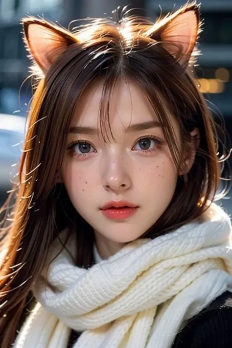 Cat girl:1.5, Face behind wooly scarf, Petite redhead Woman in snow, Freckles, face Closeup, face Hidden behind Pastell neon Striped wooly scarf, only blushed flirting eyes visible very Detailed, awesome Quality, reflecting, luminescent, translucent, Ethereal, Aura, 80s DARK dystopian Blade Runner Flair, red hairs, very detailed, uhd, masterpiece, White smoke, snowing, light beams through smoke,<lora:TWbabe8:0.4> <lora:TWcat:0.4>