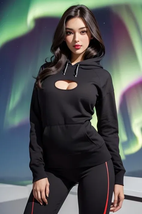 (masterpiece, best quality),1girl, Build a magnificent, ultra-detailed masterpiece, ( wearing Slim-fit hoodie high-waisted leggings ), Temptress, Tall, in shape, Oval Face, Dark Skin, Dark Brown Hair, grey Eyes, Narrow Nose, Pouty Lips, Prominent Chin, Long Hair, Wavy Hair, Wavy Bob, soft breasts, , berry stain lipstick, Photography Manipulation, distinctive, Northern Lights