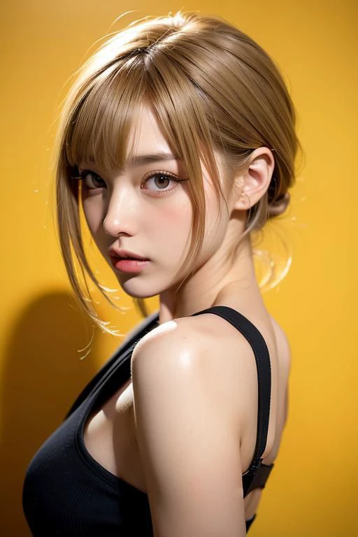 analog photo, a cute girl, 26 years old, (masterpiece yellow style, best quality, day:1.3), a cute han chinese girl, portrait-type, salmon, burly, envious, honey blonde pixie cut with bangs, eye shadow