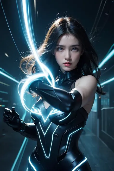 A charming girl suddenly appears from the future with electric shocks and plasma around her body and arms, style from The Terminator s, lightening from the sky hitting her:1.5, a swirling vortex of energy shield seems to be brewing around her:1.5, floating hairs, windy, ((masterpiece)), (best quality), official art, extremely detailed CG, unity 8k wallpaper, (1girl:1.4), looking at viewer, short hairs, NSFW, water drops, power lines, painful, deserted factory, surreal, (((electricity:1.5, electric shock1:5, electrokinesis, light background))),electric aura:1.5, psychic, plasma, machinery, industrial pipe, computer, electric plug, air conditioner, explosion, burning, energy portal, neon dress, neon_outlines, (wind:1.3), long hair, her silhouette defined by vibrant neon lines, stands amidst a swirling storm. Her eyes, filled with intense emotion, gaze towards a distant horizon. The scene captures a poignant moment of farewell, framed in a cinematic style. The atmosphere is charged with the electric buzz of the future, yet tinged with the melancholy of memories fading into the past., glove,
<lora:twbabe9:0.8>
