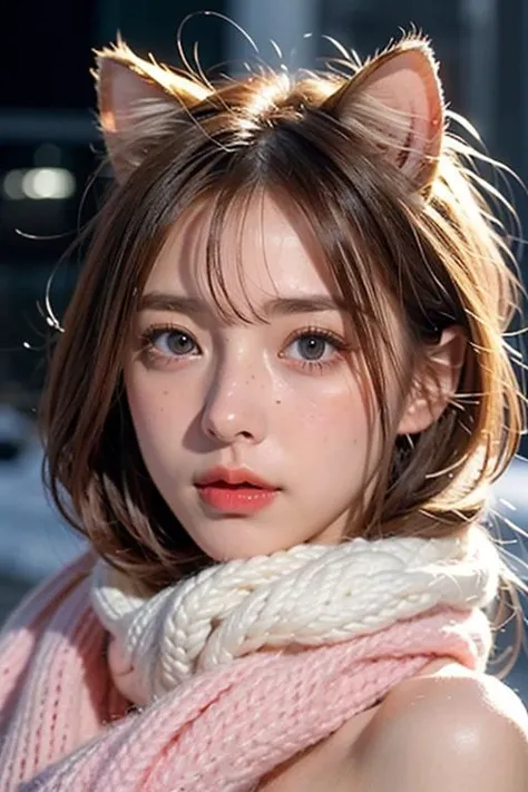Cat girl:1.5, Face behind wooly scarf, Petite Woman in snow, long white hairs, Freckles, topless, face Closeup, face Hidden behind Pastell neon Striped red wooly scarf, only blushed flirting eyes visible very Detailed, awesome Quality, reflecting, luminescent, translucent, Ethereal, Aura, 80s DARK dystopian Blade Runner Flair, very detailed, uhd, masterpiece, White smoke, snowing, light beams through smoke,<lora:TWbabe8:0.4> <lora:TWcat:0.4>, NSFW,