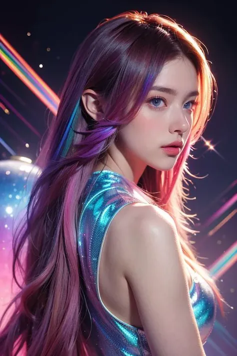 Background: Mysterious quantum environment, Cosmic elements and ethereal atmosphere,A mix of bright lights and colorful nebulae. Theme: A mysterious girl with a magical aura. She has long, Colorful wavy curls, The shiny hair stands out. His eyes are deep and expressive, Reflection Universe. She wore a flowing dress in purple and blue, With intricate details and mysterious textures. Color Palette: A combination of mysterious shades such as cosmic purple, Sky blue, Soft pink and a touch of gold. Create contrasts, Increase depth, Dark color, Such as dark purple or night blue. Aesthetics: The aesthetic combines elements of Mistycore, Known for its mysterious and ethereal atmosphere, and crystal cores, With its crystal clarity and sparkling details. The girl exudes magical energy,Her presence hangs over her,mesmerising. Covered with: Keep subtle glowing effects and glitter overlays around the girl, Covered with: Add a soft glow effect around the girl and crystal, It seems to exude magic. Also, Add small details of flash,Enhance the ethereal atmosphere.