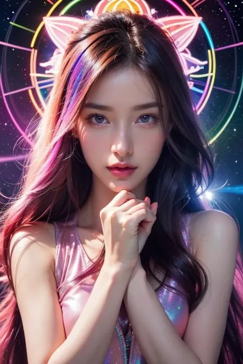((masterpiece, best quality, highres, realistic, best quality,)) Perfect Face, (detailed face). <lora:GoodHands-vanilla:1> <lora:add-detail-xl:0.8> , (masterpiece, top quality, best quality, official art, beautiful and aesthetic:1.2),(radial composition:1.2),(1 girl:1.2),upper body,a space witch wearing a transparent magic hood robe made of purple|pink crystal,abstrat solarsystem in background,crystalline planets,mirror azure floor reflection,(iridescent,vivid fancy neon color),symmetrical ballance,glowing rainbow color long hair,fantasy,ethereal,epic,(fractal),samo eggshell,<lora:TWbabe8:0.4>