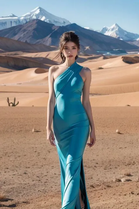 A beautiful goddess, In the expansive desert, a supermodel effortlessly melds haute couture with the arid landscape. The windswept dunes become a dynamic backdrop, emphasizing her grace, while her vibrant eyes hint at the secrets of the vast desert. This shoot marries natural beauty and high fashion, capturing the enchanting interplay of light and shadow and revealing the supermodel as a vision of elegance and strength within the desolate yet captivating expanse of the desert, dynamic poses, 1girl, floating hairs, (RAW photo:1.2), (photorealistic:1.4), (masterpiece:1.3), (intricate details:1.2), petite, medium breasts, narrow waist, (looking_at_viewer:1.4), from_front, slim_legs, (best quality:1.4), (ultra highres:1.2), cinema light, outdoors, (extreme detailed illustration), (lipgloss, eyelashes, best quality, ultra highres, depth of field, caustics, Broad lighting, shading, 85mm, f/1.4, ISO 200, 1/160s:0.75) <lora:TWbabe5:0.4>
0: walking in desert, wearing black silks:1.4,
16: walking in Antarctica, wearing white silks, glacier:1.4,
32: walking in ocean, wearing blue robes, ocean:1.4,
48: walking in forest, tall trees:1.4;