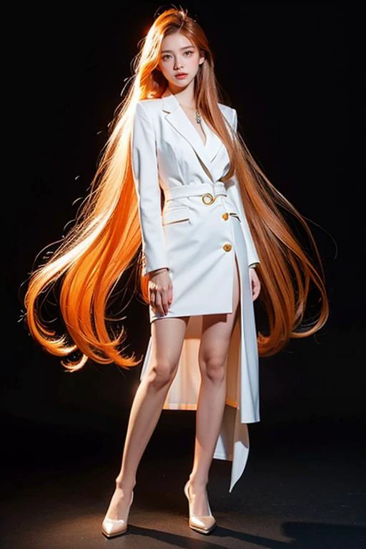 (masterpiece, top quality, best quality, official art, rich details),solo,full body,a 20 yo woman in white office suit,transparent hair,glowing body,inner luminous body,simple background,black background,look at viewer,long hair,orange hair,closed mouth,colored skin,eyelashes,<lora:TWbabe8:0.4>