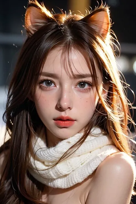 Cat girl:1.5, full body, Face behind long wooly scarf, Petite cat girl in snow with long golden hairs covering ears, golden hairs:1.5, NSFW, crying with tears on face, freckles, topless, only blushed flirting eyes visible very Detailed, awesome Quality, reflecting, luminescent, translucent, Ethereal, Aura, 80s DARK dystopian Blade Runner Flair, very detailed, uhd, masterpiece, White smoke, snowing, light beams through smoke,<lora:TWbabe8:0.4> <lora:TWcat:0.4>, tear drops,