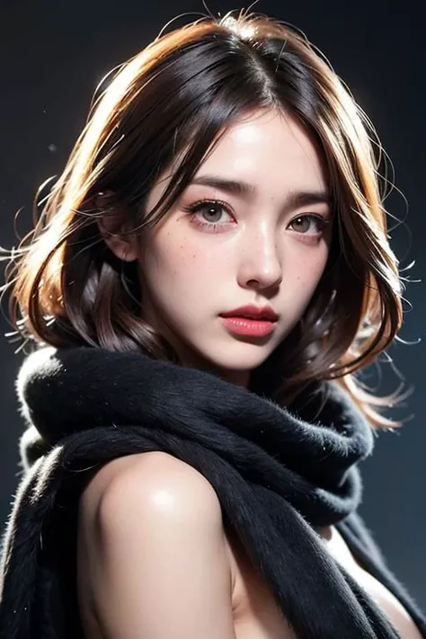girl:1.5, Face behind wooly scarf, Petite cat Woman in snow, long white hairs:1.5, only blushed flirting eyes visible very Detailed, awesome Quality, reflecting, luminescent, translucent, Ethereal, Aura, very detailed, uhd, masterpiece, White smoke, snowing, light beams through smoke