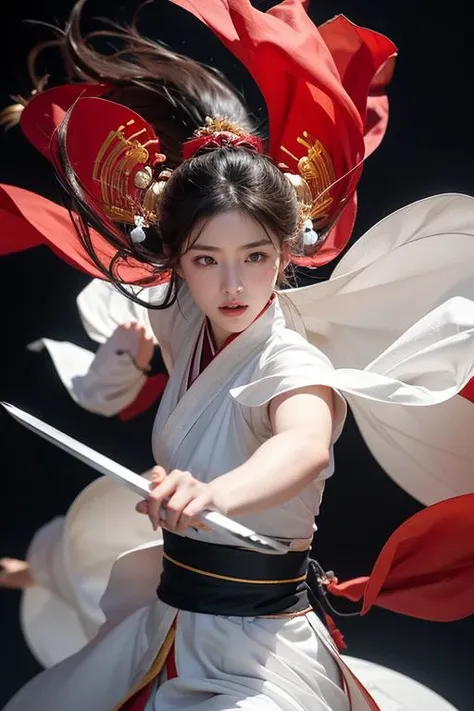 A female in Song dynasty style Hanfu, her red Songmo headdress fluttering in the wind. She wields the (ink pen) with one hand, her swordplay agile and powerful, as if ready to leap into the air at any moment. Action: Each of her sword dance movements is filled with passion and strength, her hair flying wildly with the vigorous motions, like flames dancing in the air. Background: The background is simplified, sketched with light ink strokes, highlighting the fluidity and power of the character's movements. Style Features: Utilizes shades of ink and precise strokes to capture the elegance of the clothing and the dynamism of the sword dance, aiming to present an artistic effect that combines motion and stillness., ink drawing, inkwash, Japanese Ink Drawing. graphic illustration, comic art, graphic novel art, vibrant, highly detailed. Color-themed narratives, calligraphy, strategic battles, palace intrigue, vast deserts, rain-soaked duels, cinematic, highly detailed, sharp focus, ambient composition, dynamic dramatic heavenly atmosphere <lora:TWbabe8:0>