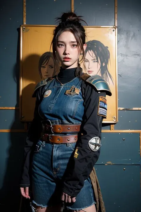 ffserenity, Grit, Rust, Stains, grunge style ffserenity, a cyborg wearing rusty spaceship mech armor, sat by a lake, textured, distressed, vintage, edgy, punk rock vibe, dirty, noisy,, Napoleon dynamite in iconic Napoleon Bonaparte Pose, Vintage space General Uniform, DARK blue medieval inspired Wall painting,<lora:TWbabe9:0.4>