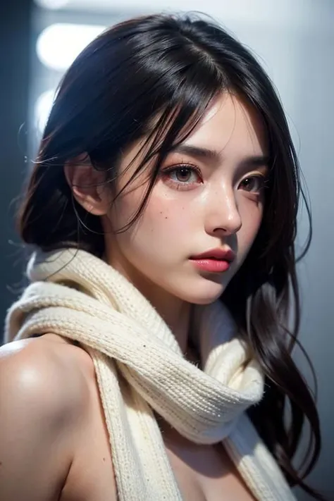 girl:1.5, Face behind wooly scarf, Petite cat Woman in snow, long white hairs:1.5, only blushed flirting eyes visible very Detailed, awesome Quality, reflecting, luminescent, translucent, Ethereal, Aura, very detailed, uhd, masterpiece, White smoke, snowing, light beams through smoke