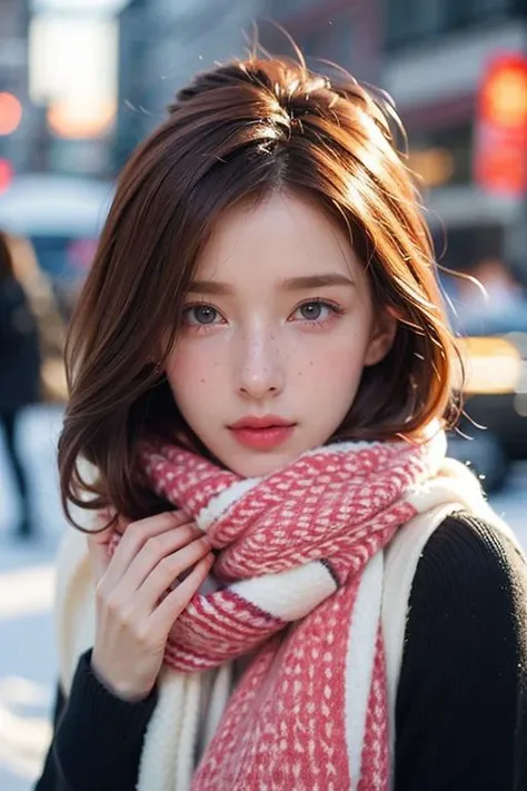 Face behind wooly scarf, Petite redhead Woman in snow, Freckles, face Closeup, face Hidden behind Pastell neon Striped wooly scarf, only blushed flirting eyes visible, looking at viewer, very Detailed, awesome Quality, reflecting, luminescent, translucent, Ethereal, Aura, 80s DARK dystopian Blade Runner Flair, very detailed, uhd, masterpiece, White smoke, light beams through smoke,<lora:TWbabe8:0.4>