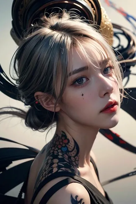 (dramatic, gritty, intense:1.4),masterpiece, best quality, 8k, insane details, intricate details, hyperdetailed, hyper quality, high detail, ultra detailed, Masterpiece, (calligraphy:1.4)(ether colorful ink flowing:1.3),1girl, A shot with tensionwhite hair (silhouette:1.3)curvy, <lora:TWbabe8:0.4>
