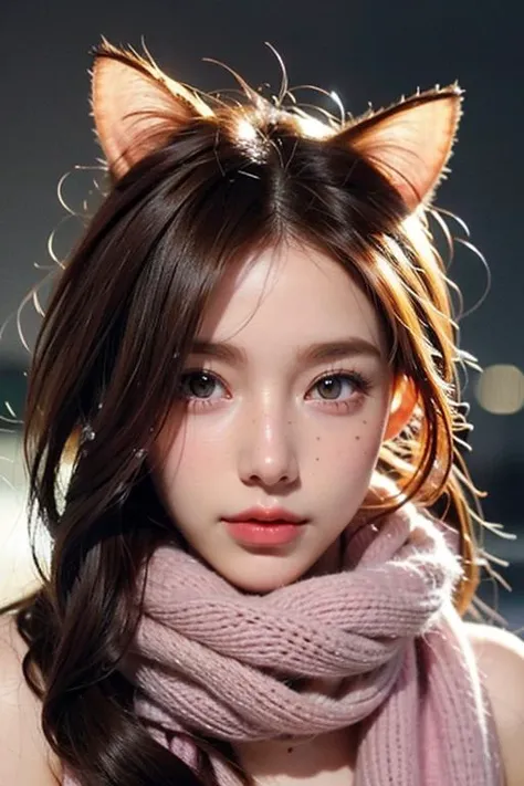 Cat girl:1.5, Face behind wooly scarf, Petite redhead Woman in snow, Freckles, face Closeup, face Hidden behind Pastell neon Striped wooly scarf, only blushed flirting eyes visible very Detailed, awesome Quality, reflecting, luminescent, translucent, Ethereal, Aura, 80s DARK dystopian Blade Runner Flair, red hairs, very detailed, uhd, masterpiece, White smoke, snowing, light beams through smoke,<lora:TWbabe10:0.4> <lora:TWcat:0.4>