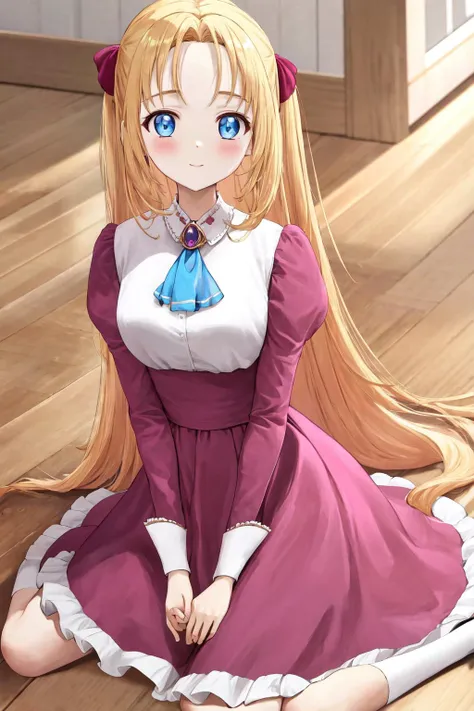 masterpiece, best quality, highres, 1girl, pink dress long sleeves blue ascot frills <lora:gekai_elise:1> sitting, wariza, arm support