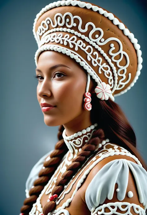 Gingerbread, icing, candy, <lora:GingerbreadStyle_epoch_10:0.7>, photograph, award winning, side-profile of a  (Female:1.3) , she is wearing a headwear, her headwear, Relaxed, atmospheric perspective, Movie concept art, arthouse, High quality, RAW photo, womanly, magical atmosphere, enhanced quality, deep aesthetic,