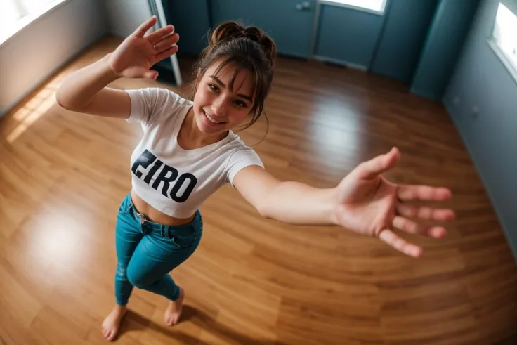 full body,from above,selfie,hyper realistic gopro action photo of a 18 year old girl,dancing,happy,bare hands,shirt,pants,ray tracing,detail shadow,shot on Fujifilm X-T4,85mm f1.2,sharp focus,depth of field,blurry background,bokeh,motion blur,<lora:add_detail:1>,