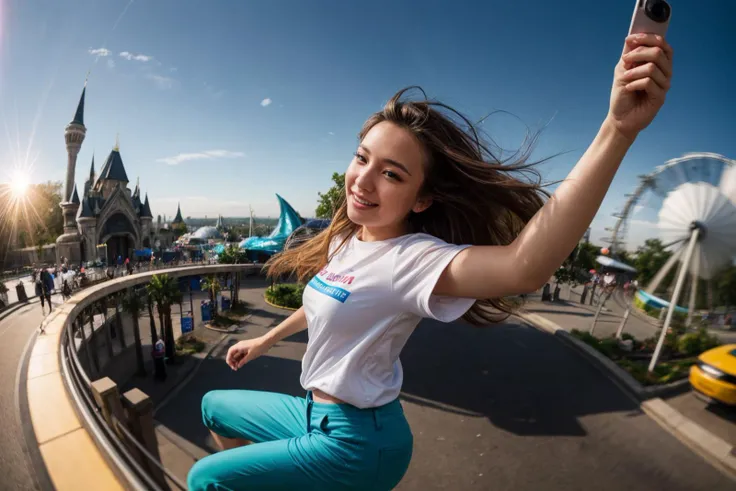 from above,from side and front,hyper realistic gopro action photo of a 25 year old girl,dancing,happy,looking at viewer,shirt,pants,outdoor,windy,theme park,ray tracing,detail shadow,shot on Fujifilm X-T4,85mm f1.2,sharp focus,depth of field,blurry background,bokeh,lens flare,motion blur,<lora:add_detail:1>,