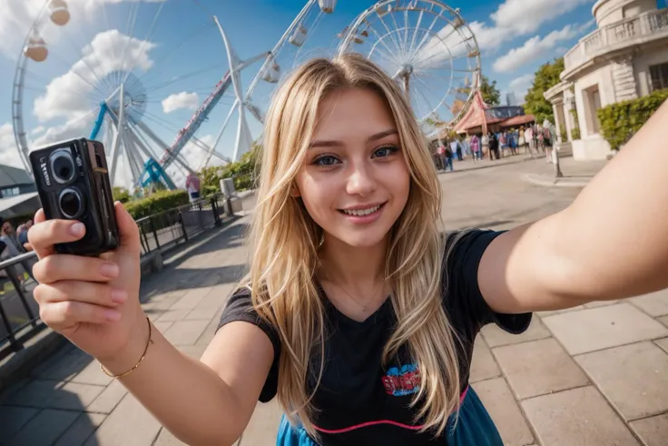 selfie,hyper realistic gopro action photo of a 20 year old girl,happy,looking at viewer,blonde hair,outdoor,windy,in a themepark,ray tracing,detail shadow,shot on Fujifilm X-T4,85mm f1.2,sharp focus,depth of field,blurry background,bokeh,<lora:add_detail:1>,