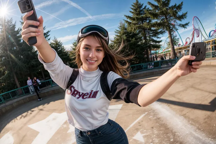 selfie,full body,hyper realistic gopro action photo of a 18 year old girl,skating,happy,looking at viewer,outdoor,windy,in a themepark,ray tracing,detail shadow,shot on Fujifilm X-T4,85mm f1.2,sharp focus,depth of field,blurry background,bokeh,<lora:add_detail:1>,