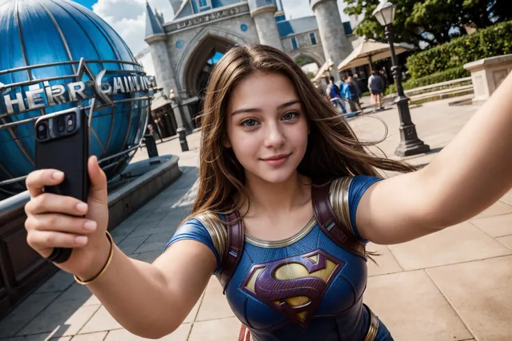 DC movies,selfie,hyper realistic gopro action photo of a 18 year old girl,supergirl,happy,looking at viewer,outdoor,in a themepark,ray tracing,detail shadow,shot on Fujifilm X-T4,85mm f1.2,sharp focus,depth of field,blurry background,bokeh,<lora:add_detail:1>,